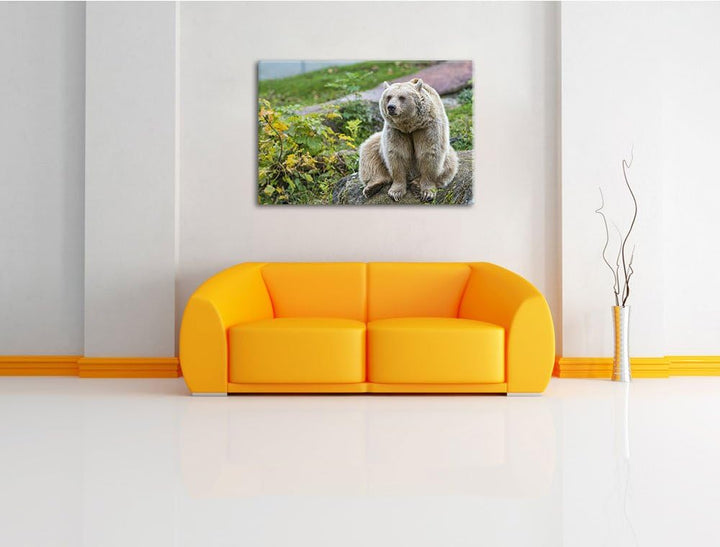 Pixxprint niedlicher Grizzly auf Stein auf Leinwand, XXL riesige Bilder fertig gerahmt mit Keilrahme