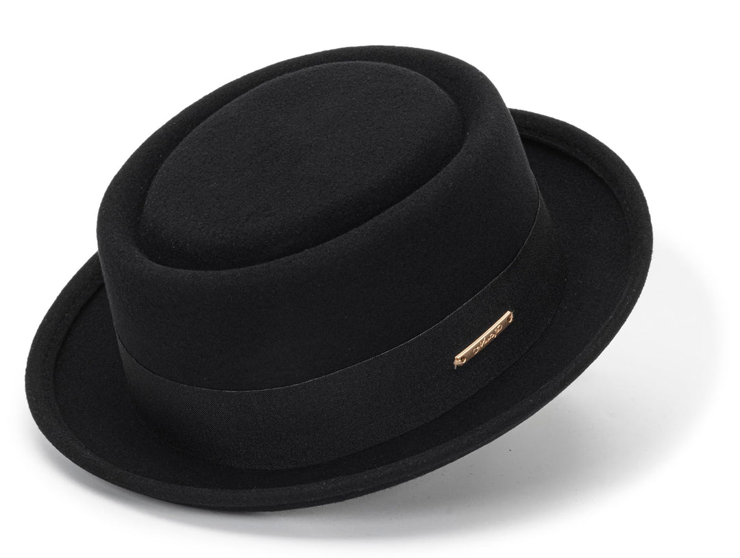 Pork Pie Hut für Herren, Wolle, flache Oberseite, Fedora-Hut, Unisex, Porkpie-Hüte (S/M) M Schwarz,