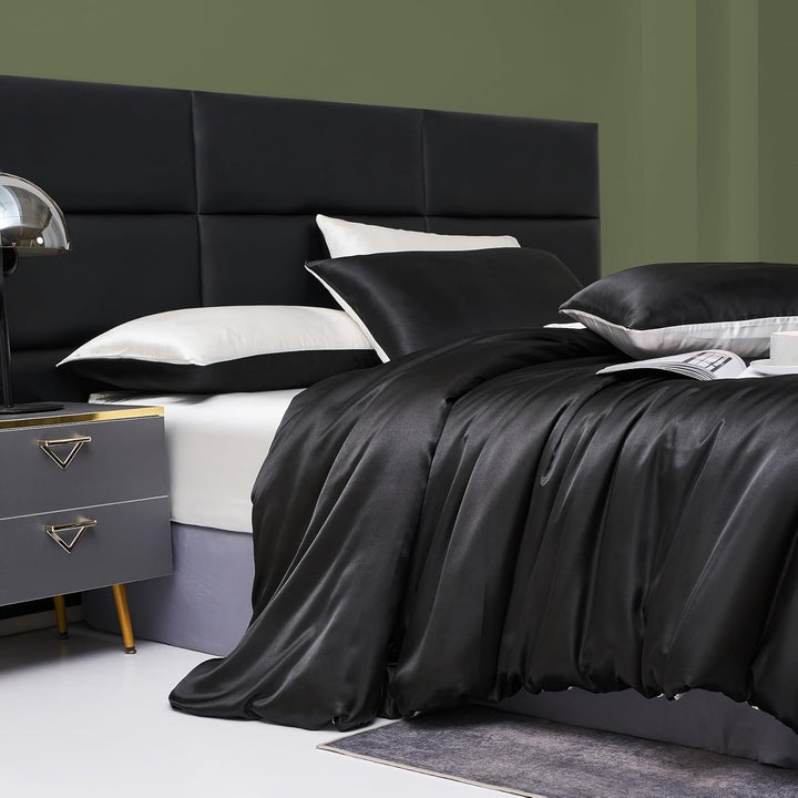 YASMENG Satin Bettwäsche 155x220 Schwarz Weiss Wendebettwäsche Set Modern Elegant Luxus Bettbezug Se