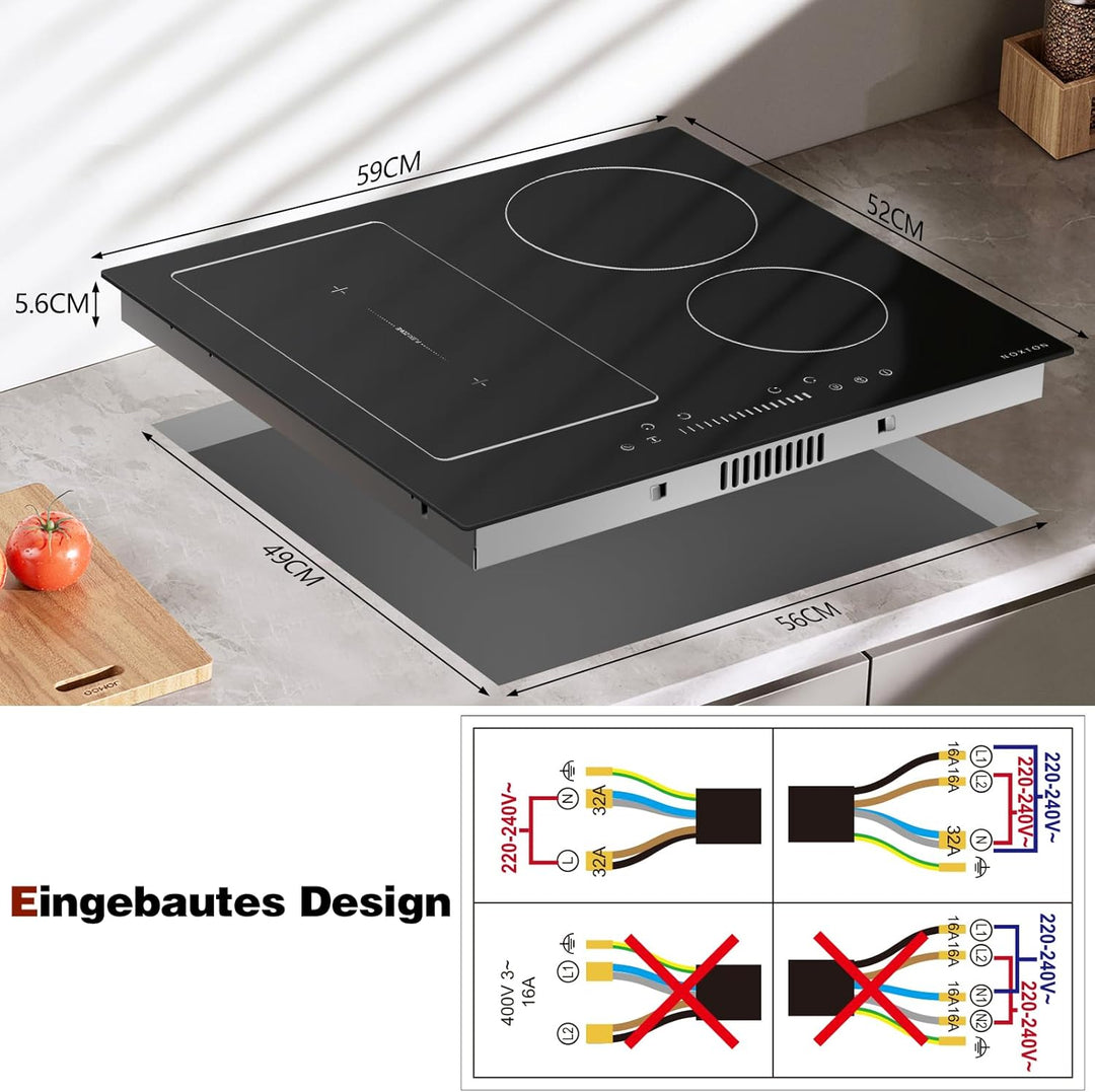 NOXTON Induktionskochfeld 60 cm mit Flexzonen, Autarkes Induktionsfeld 4 Platten, Kochfeld Induktion