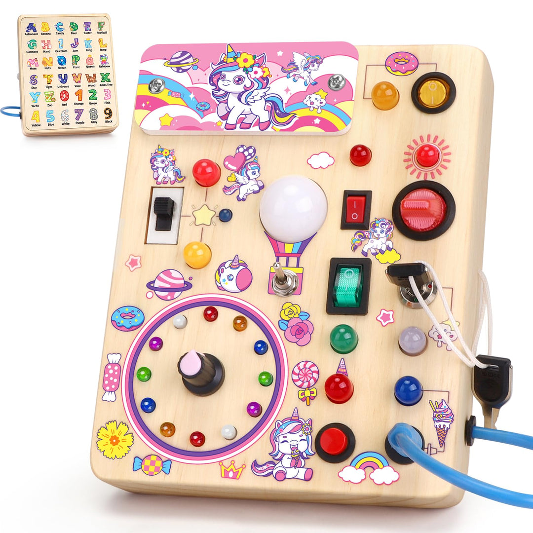 Unicorn Busy Board Montessori Spielzeug ab 1 Jahr Activity Board Holzspielzeug Mit 10 Schaltern und