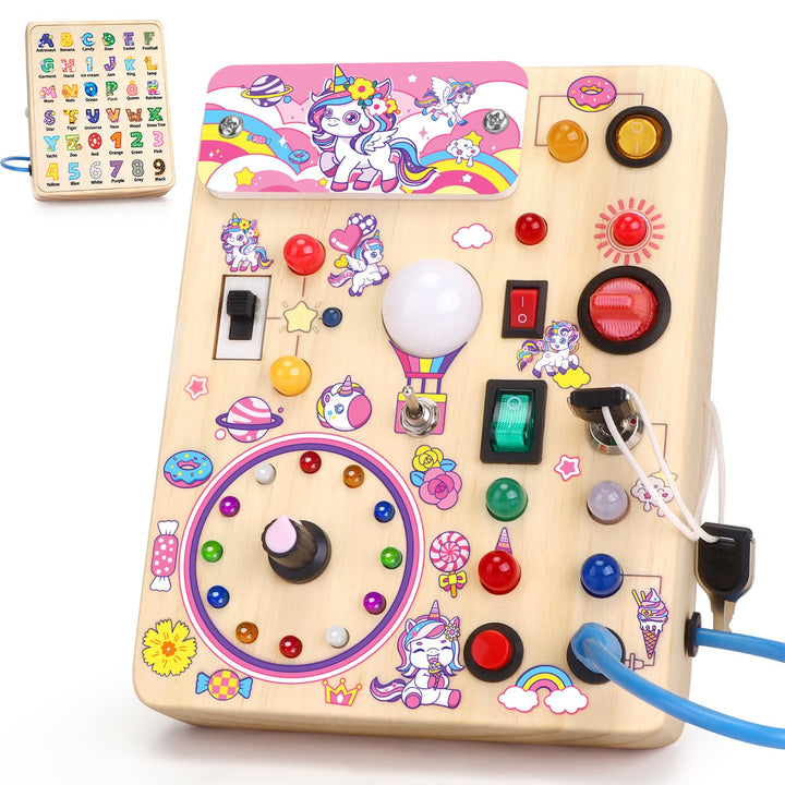 Unicorn Busy Board Montessori Spielzeug ab 1 Jahr Activity Board Holzspielzeug Mit 10 Schaltern und