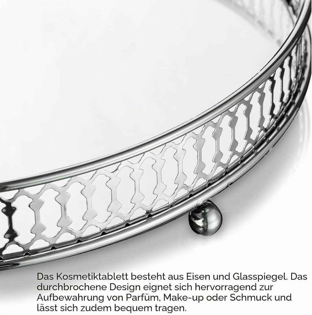 NUPTIO Spiegelglas Makeup Tablett 25cm Durchmesser, Silber Runde Deko Tablett Kerzenplatte Schmuck T