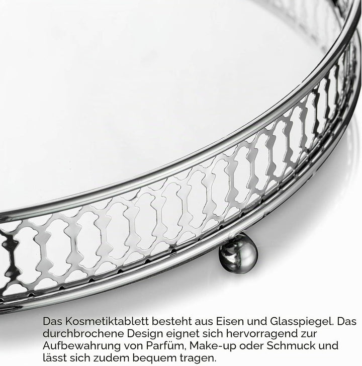 NUPTIO Spiegelglas Makeup Tablett 25cm Durchmesser, Silber Runde Deko Tablett Kerzenplatte Schmuck T