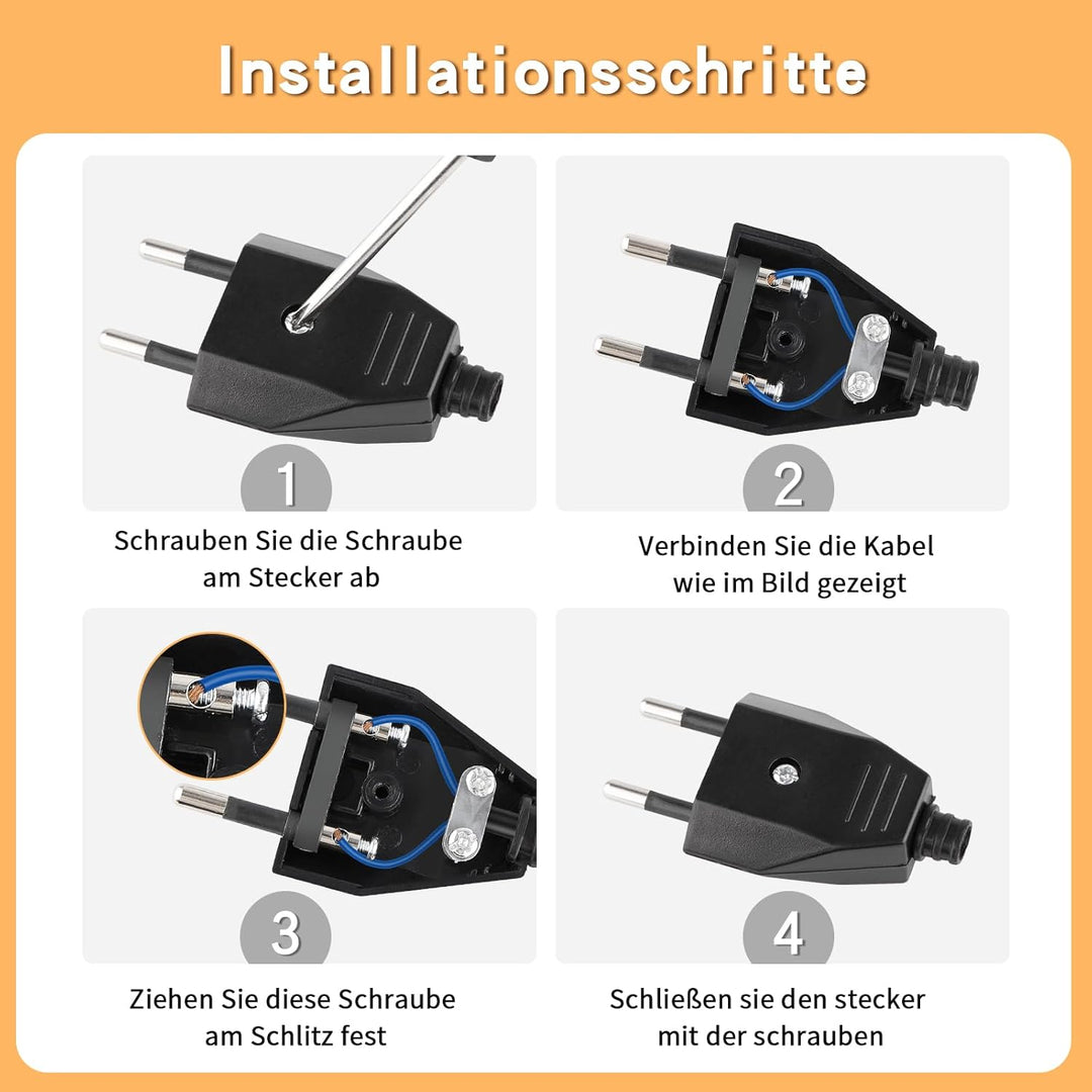 6 Stück Flachstecker, Eurostecker, Netzstecker (220V, 2,5A), europäischer Flachstecker, geeignet für