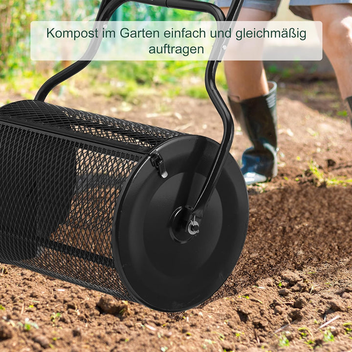 Relaxdays Kompoststreuer für Rasen, Meshkorb 75 L, Gartenstreuer mit Griff, HBT: 118x68x40 cm, Torfm