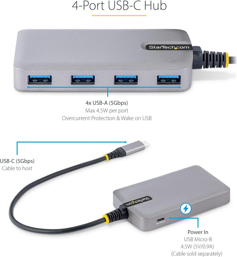 StarTech.com 4 Port USB C Hub - USB C auf 4X USB-A 5Gbit/s Hub mit Optionalem Zusatzstromanschluss -