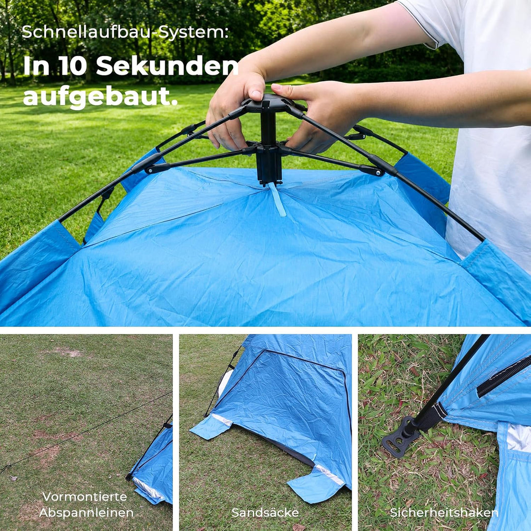 Strandmuschel Pop Up für 2-3 Personen – Automatisches Strandzelt mit Verlängerter Matte, 2 Fenster f
