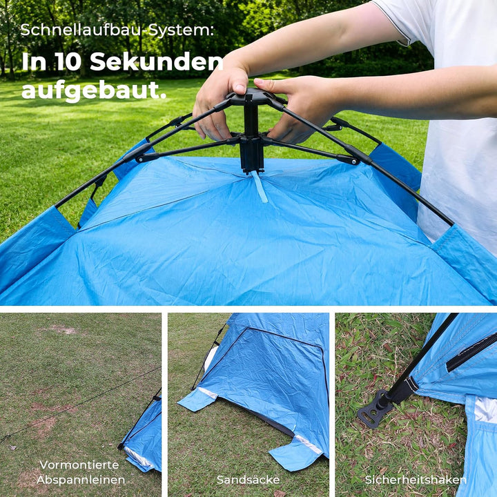 Strandmuschel Pop Up für 2-3 Personen – Automatisches Strandzelt mit Verlängerter Matte, 2 Fenster f