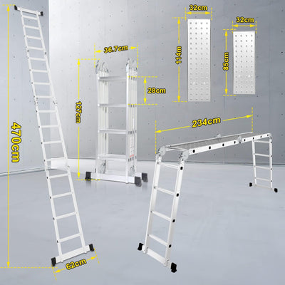 Joparri 4x4 Mehrzweckleiter 470cm 7 in 1 Alu Multifunktionsleiter bis 150 kg mit 2 Transport Rollen