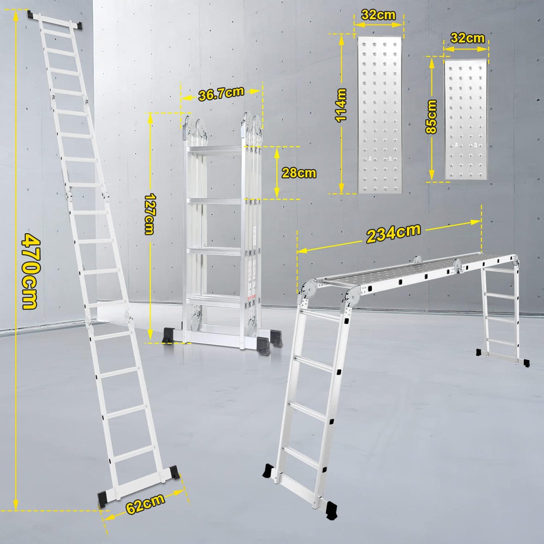 Herrselsam Mehrzweckleiter 4x4, 7in1 Multifunktionsleiter 470CM Alu Vielzweckleiter Klappleiter mit