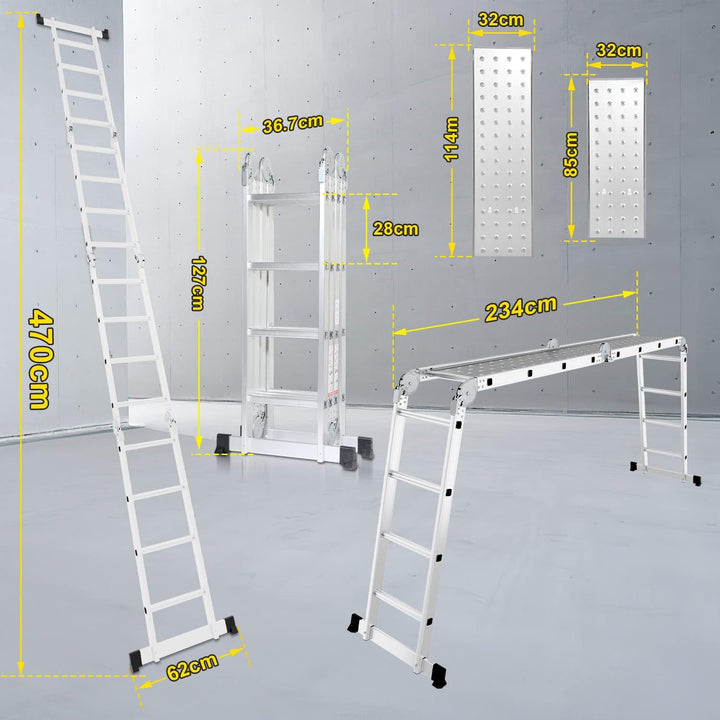 Herrselsam Mehrzweckleiter 4x4, 7in1 Multifunktionsleiter 470CM Alu Vielzweckleiter Klappleiter mit