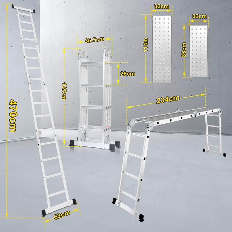 Joparri 4x4 Mehrzweckleiter 470cm 7 in 1 Alu Multifunktionsleiter bis 150 kg mit 2 Transport Rollen