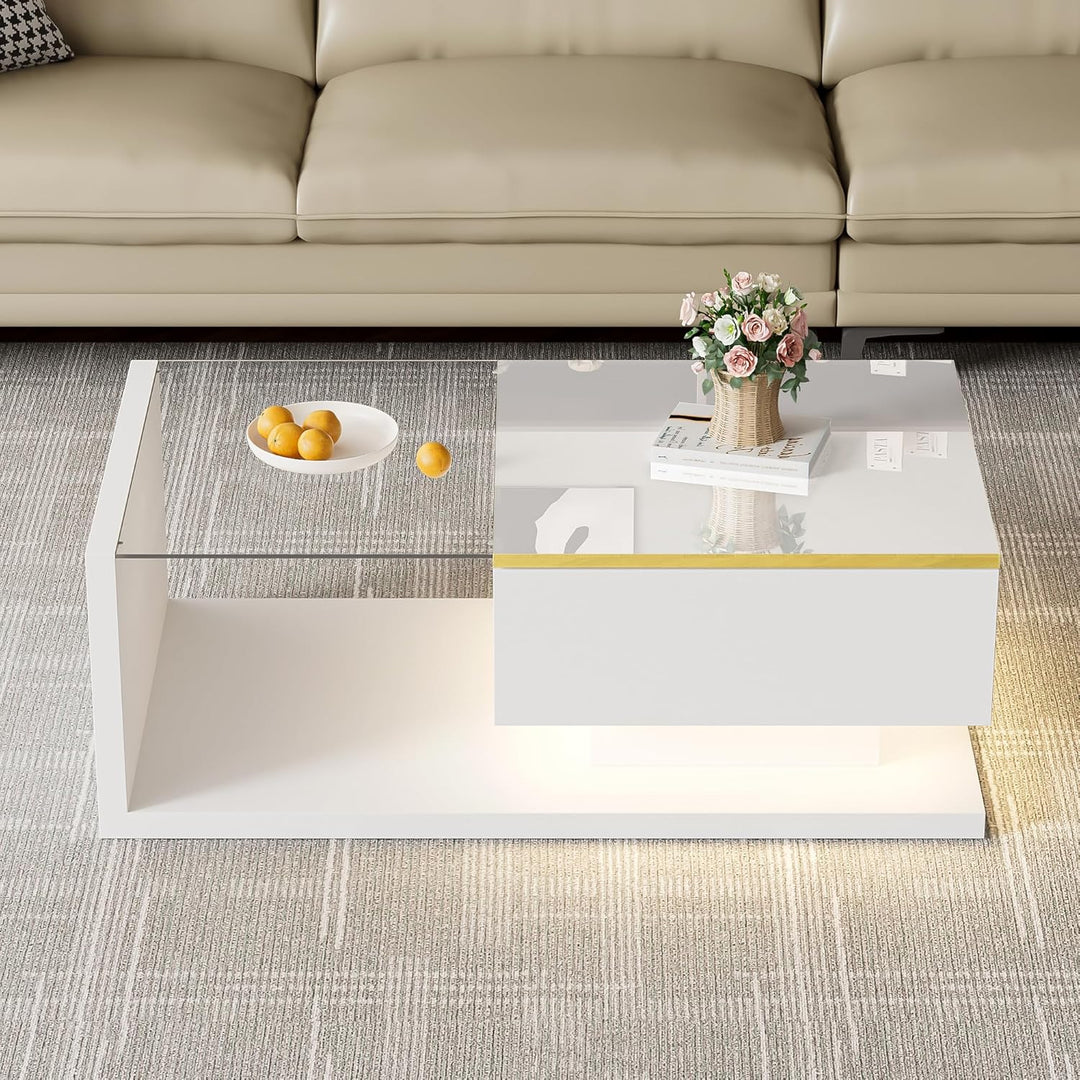 Merax Moderner LED Couchtisch, Wohnzimmertisch mit Stauraum, Hochglanz-Weiss Beistelltische, Couchti