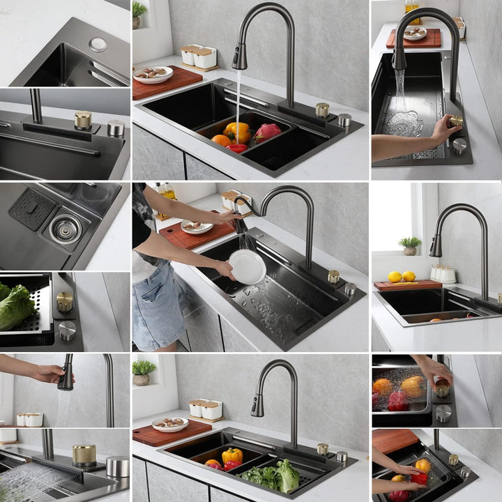 Wasserfall Küchenspüle Vielseitige Edelstahl Single-Bowl Küchenarbeitsplatz Waschbecken Wasserfall P