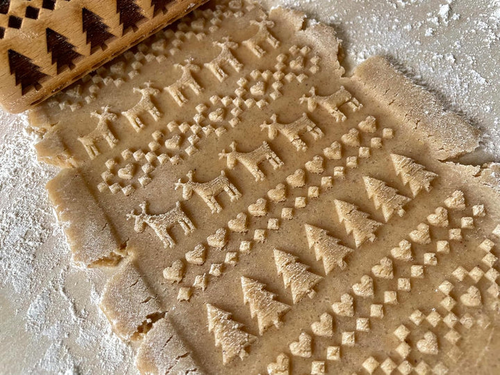 Kinder Nudelholz mit Muster Weihnachten Backen 3-er SET - Teigroller Holz für DIY Weihnachten Plätzc