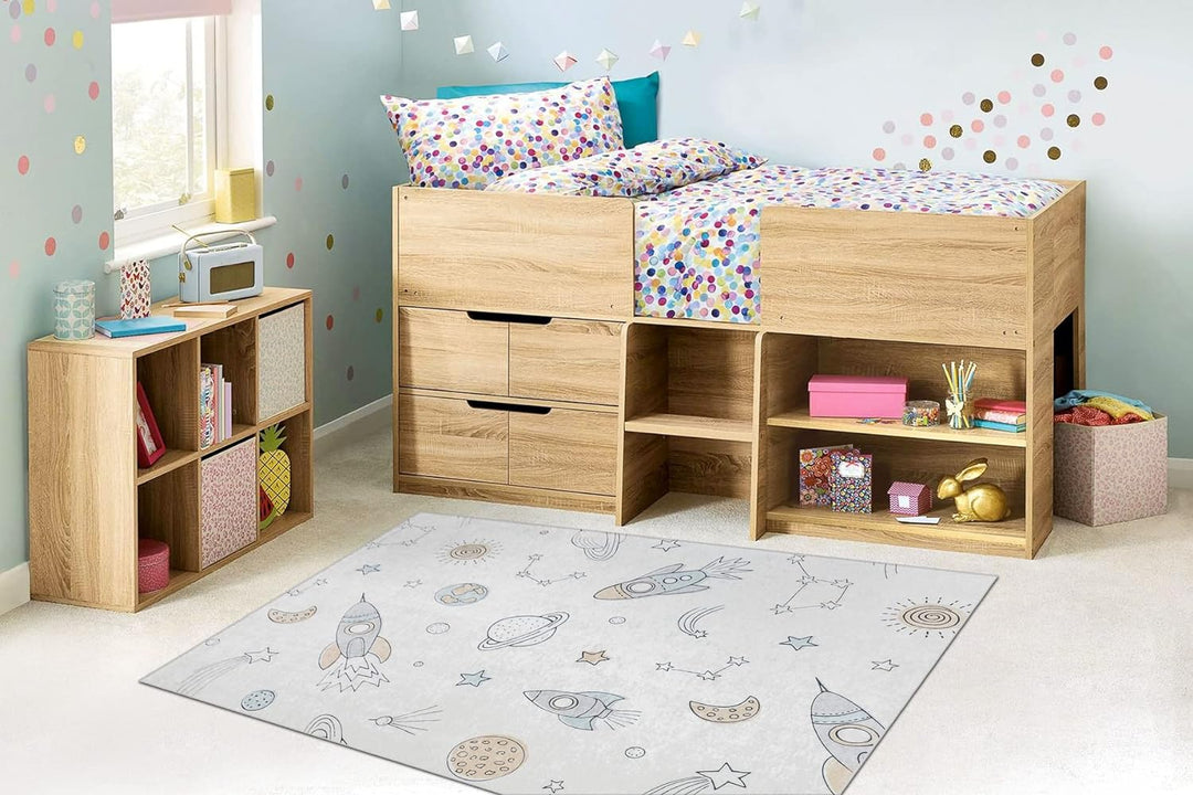 Kinderteppich Bambino Waschteppich Weltraum, Rakete für Kinder Anti-Rutsch - Creme 160x220 cm 160x22