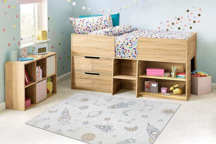 Kinderteppich Bambino Waschteppich Weltraum, Rakete für Kinder Anti-Rutsch - Creme 160x220 cm 160x22