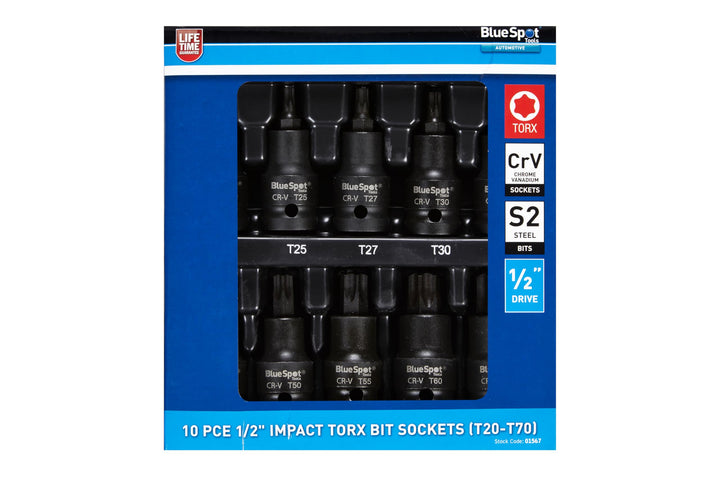 Blue Spot Tools Impact Torx T Star Bit-Steckschlüssel-Set, TRX-Stecknüsse, 1/2-Zoll-Antrieb, T20-T70
