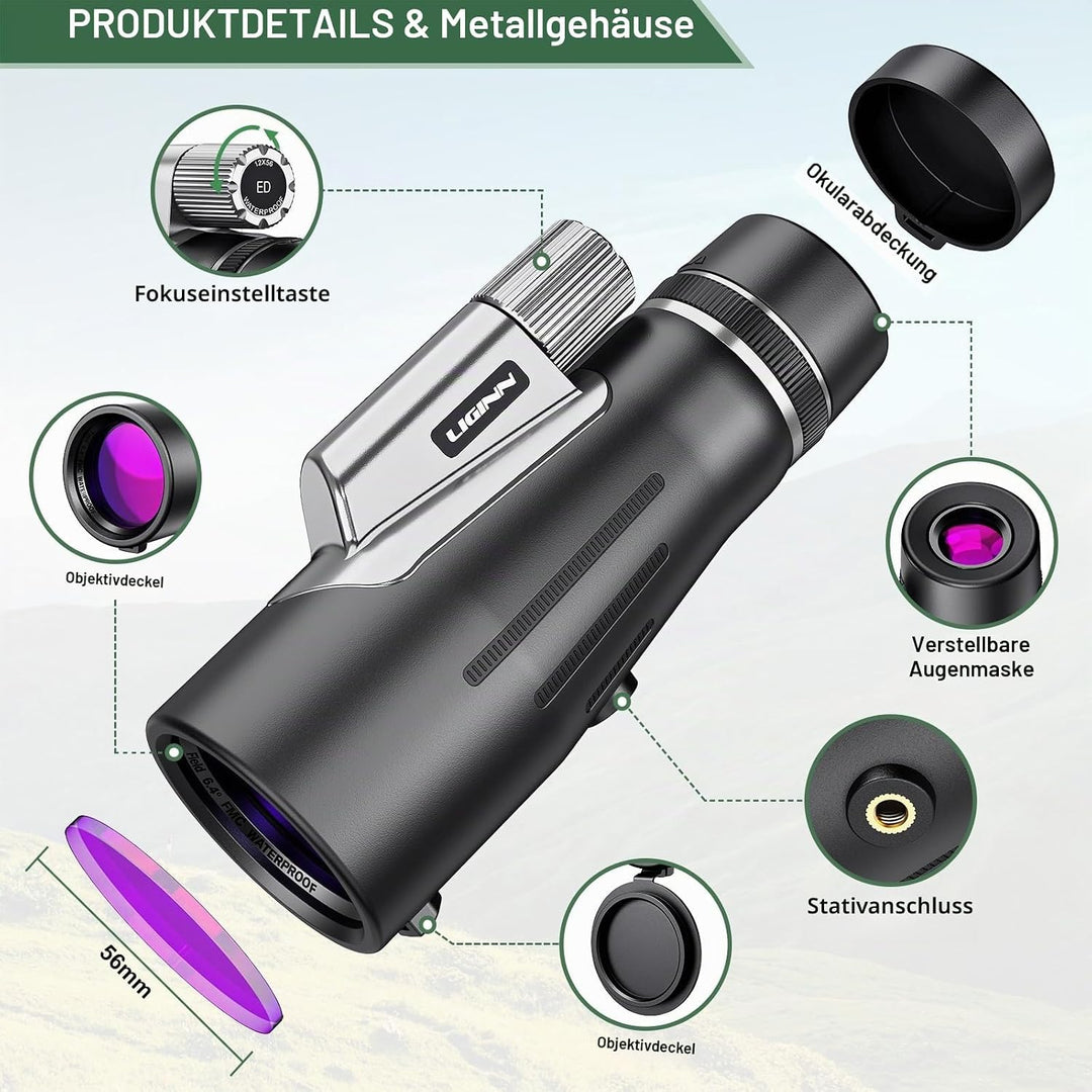 Professionelles 12x56 Monokular für Nachtsicht &amp; Smartphone-Fotografie: Mit HD, BAK4 Prisma &amp; FMC-Li