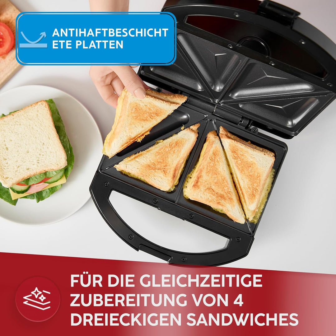 MPM MOP-50M Sandwichmaker 750W - Sandwichtoaster mit Edelstahlgehäuse, 4 Dreieck-Sandwiches, Antihaf