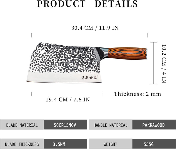 TJ POP Hackmesser Chinesisches Kochmesser Professionelles 19.4cm, Scharfer Full-Tang Fleischerbeil,