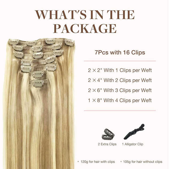 GOO GOO Clip in Extensions Echthaar, Echthaar Extensions Clip, 40cm 120g 7pcs, Clip In Haarverlänger
