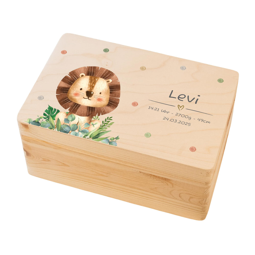 LARIFEE Erinnerungskiste personalisiert Löwe mit Name – Baby Erinnerungsbox Holz klein 30x20x14 cm –