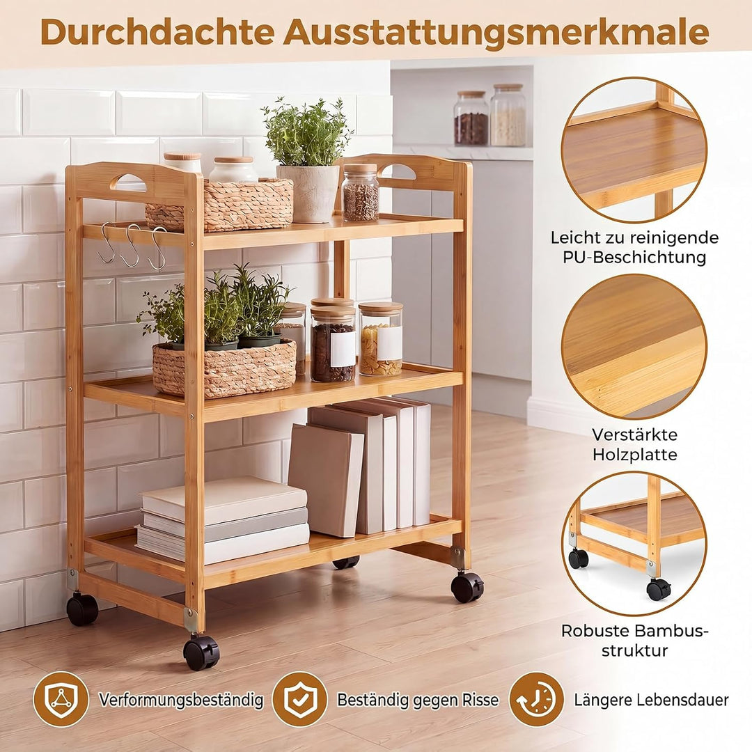 SOARS Rollwagen Bambus, 3 Ebenen Servierwagen mit Rollen, Natur