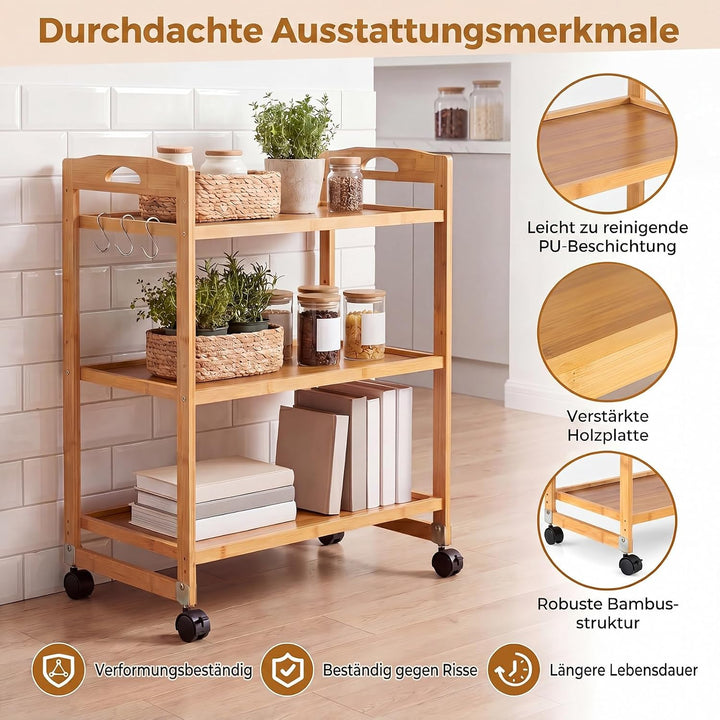 SOARS Rollwagen Bambus, 3 Ebenen Servierwagen mit Rollen, Natur