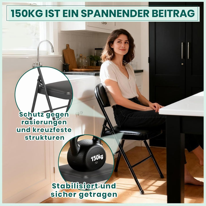 Klappstuhl 6er Set mit PU-Leder &amp; Polsterung, Stabiler Metallrahmen, Leicht &amp; Platzsparend, für Büro