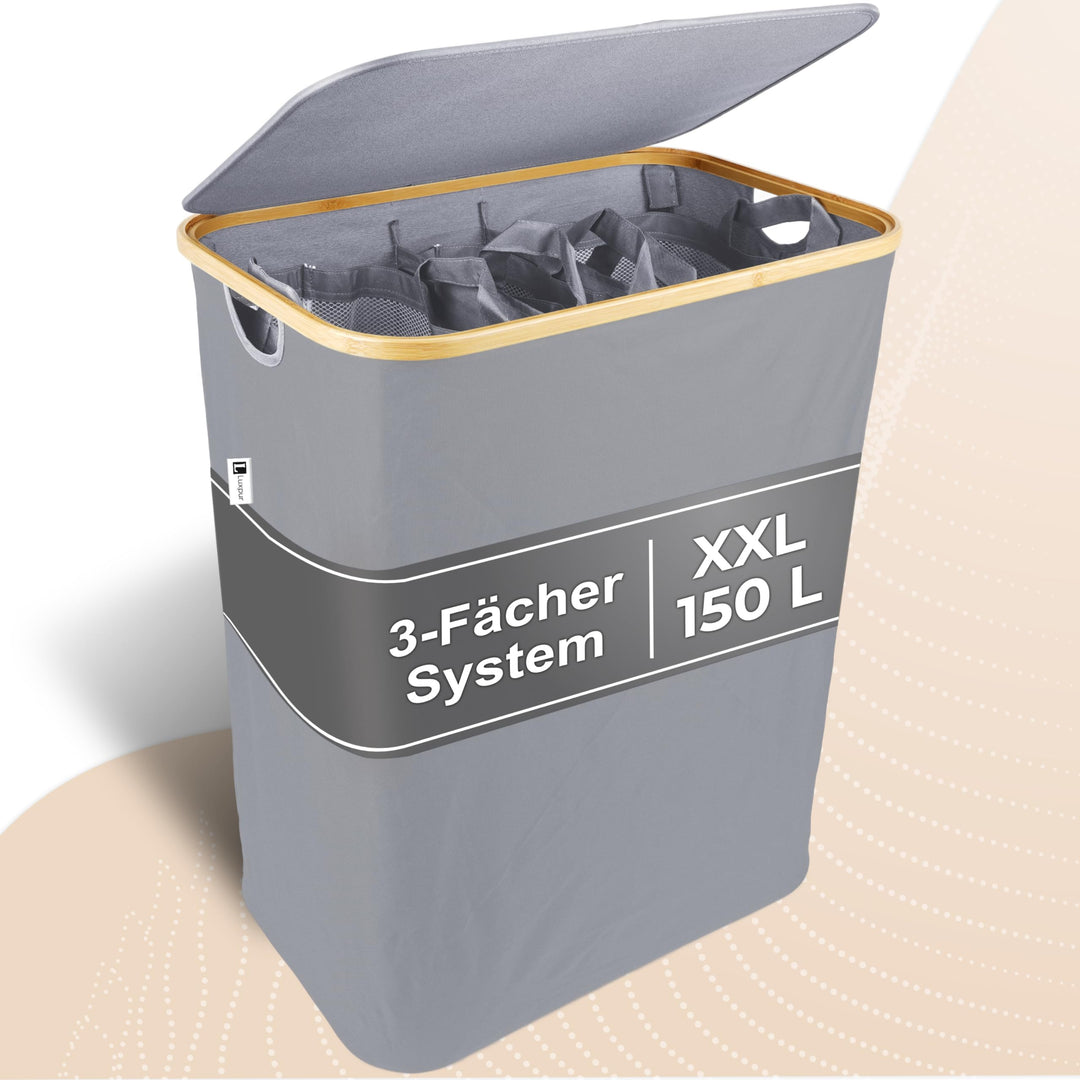 Luxpur® Wäschekorb XXL mit Deckel 3 Fächer Wäschesack Bambus Wäsche-Sortier-System Faltbare Wäschebo