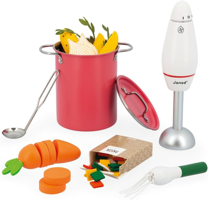Janod Suppen-Set für Kinder-43 Zubehörteile aus FSC-Holz, Pappe und Filz-Rollenspielzeug-Ab 3 Jahre,