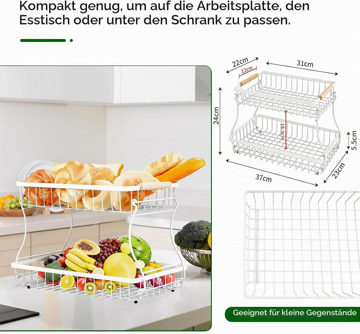 VINATO Obstkorb, Obst Etagere 2 Stöckig mit Holzgriffen für Küche, Bad &amp; Mehr – Obstständer, Gemüse