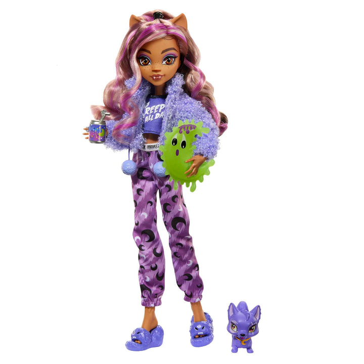 MONSTER HIGH Puppe und Sleepover Zubehör, Clawdeen Wolf Puppe mit Pet Cat Crescent, Creepover Party,