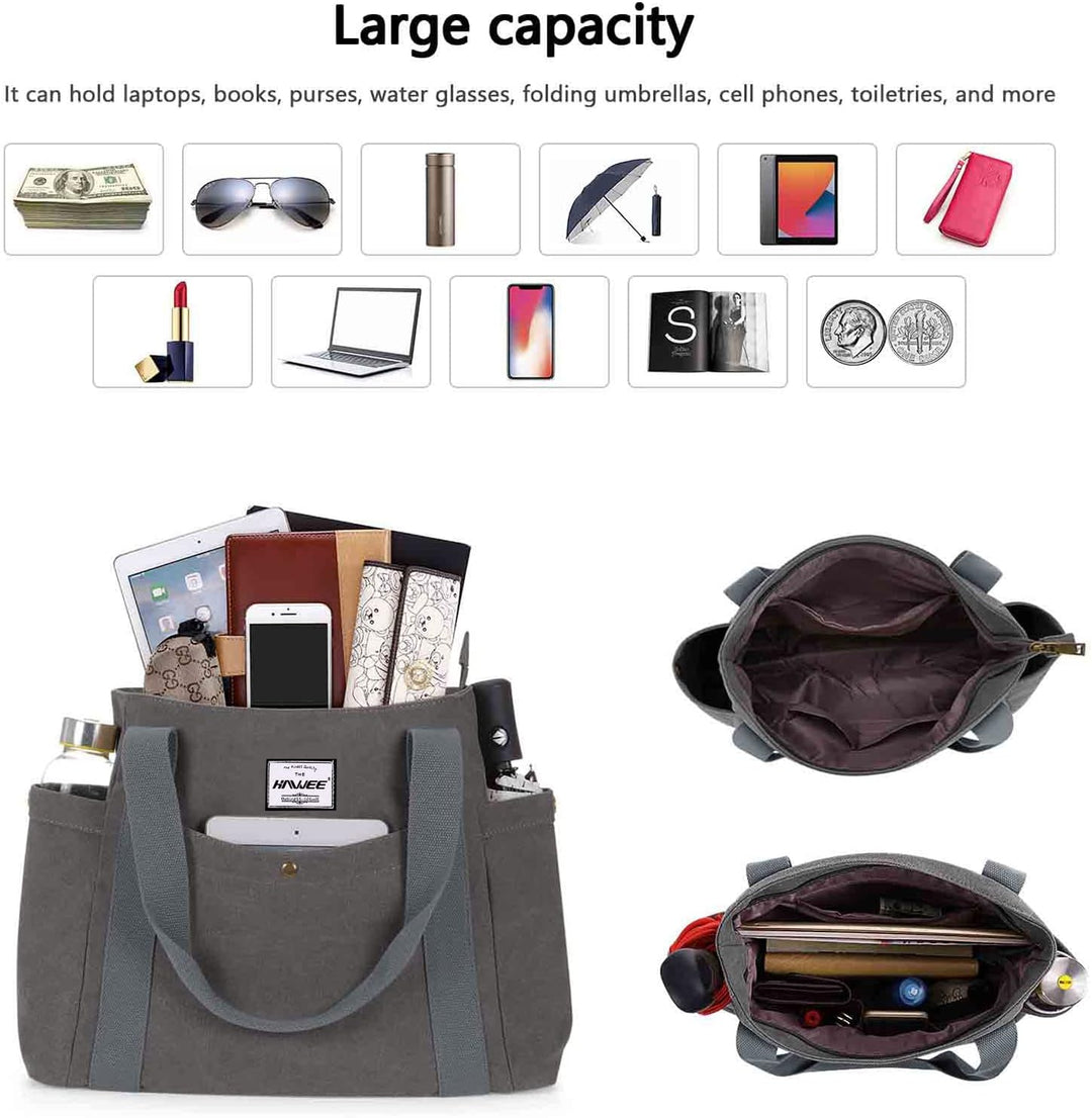 HAWEE Canvas Damen Handtasche Shopper Tote Bag Grosse Schultertasche mit Reissverschluss Umhängetasc
