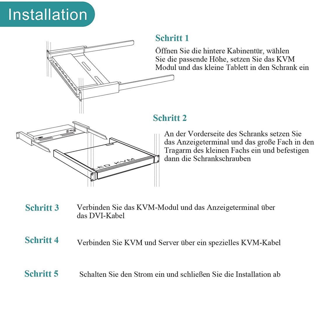 MT-VIKI 1U HDMI LCD KVM Konsole 8 Port mit 17.3'' LCD Monitor für 1HE 19'' 600-800mm Schrank Schubla
