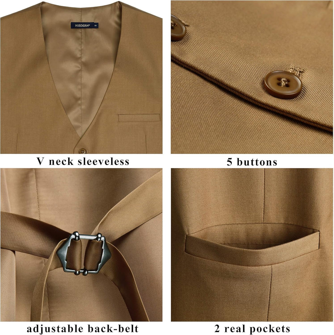 HISDERN Herren Formale Hochzeit Party Weste Baumwolle Einfarbig Weste XS Khaki, XS Khaki