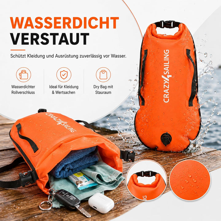 crazy4sailing Schwimmboje Dry Bag, wasserdichter Trockensack & aufblasbare Schwimmhilfe, 36 x 72 cm,