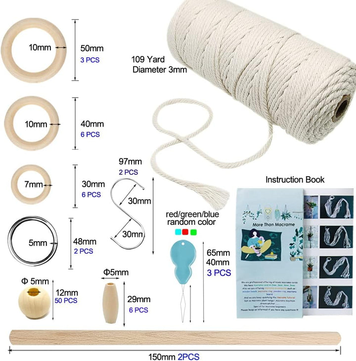 suo long Makramee Set für Anfänger mit Anleitung 3mm Garn mit holzringe und holzperlen Zubehör - für