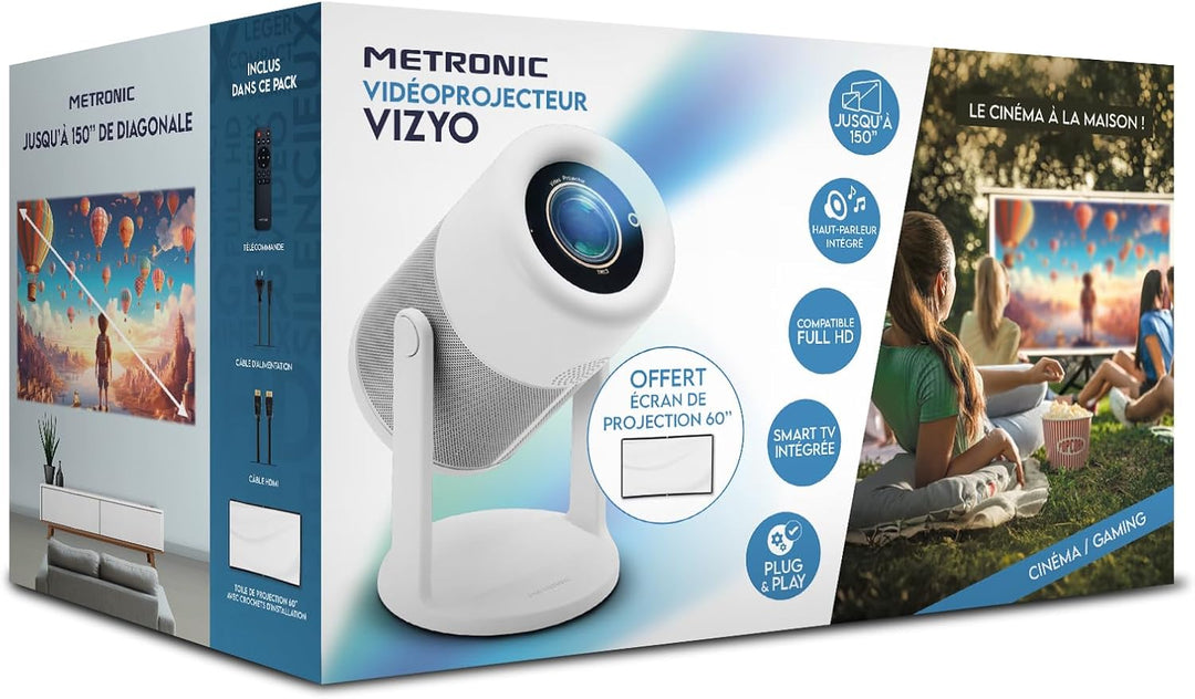 METRONIC 475351 Tragbarer Beamer, WiFi, Bluetooth, integrierter Lautsprecher für Videospiele, Filme,