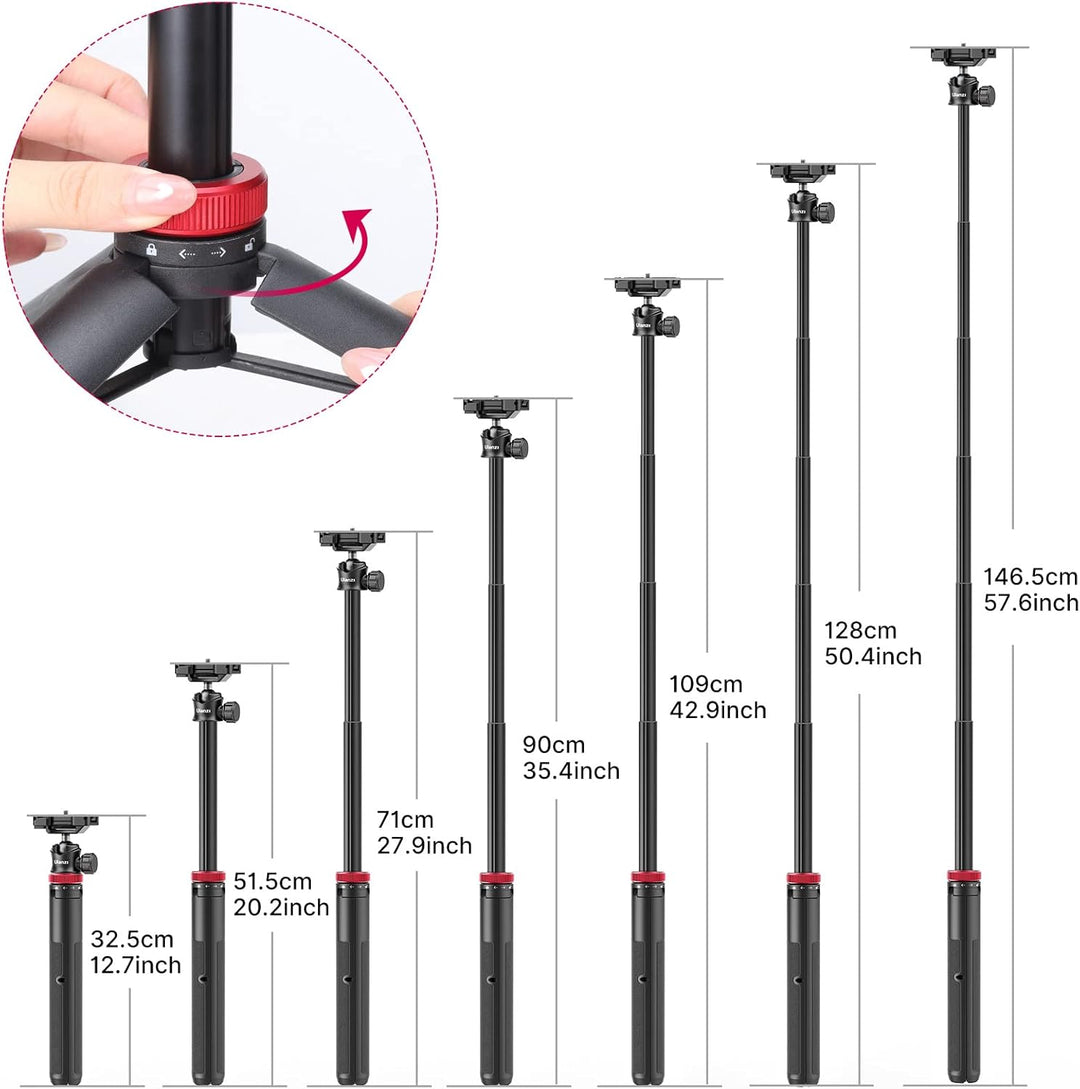 ULANZI MT-44 Selfie Stick Stativ für Telefon und Kamera – Max. 146 cm hoch – Ausziehbar – Schwarz/Ro