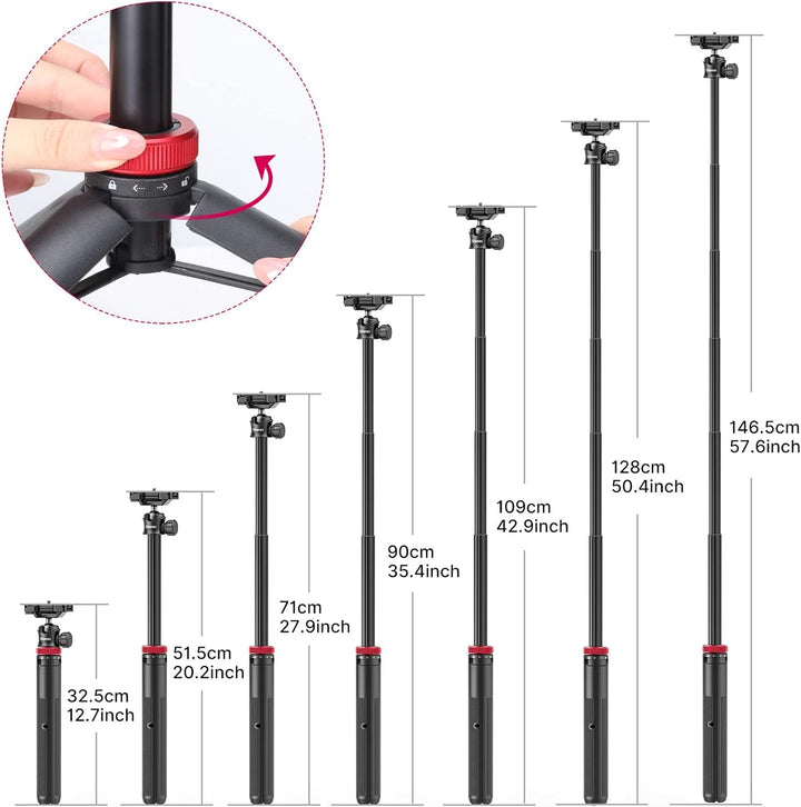 ULANZI MT-44 Selfie Stick Stativ für Telefon und Kamera – Max. 146 cm hoch – Ausziehbar – Schwarz/Ro