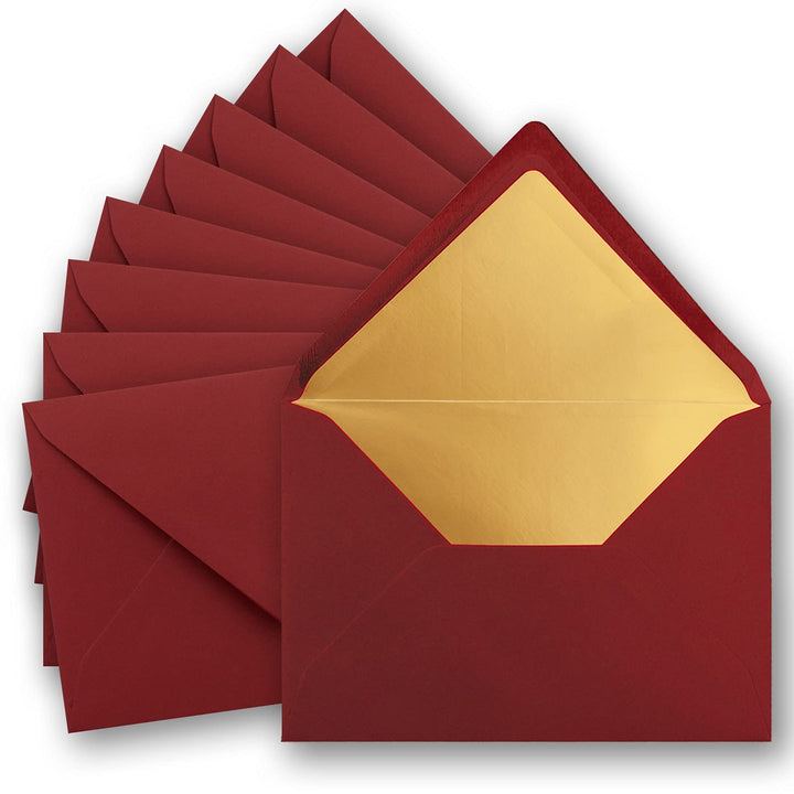 75x metallic Gold-gefütterte Brief-Umschläge DIN C5, dunkel-rot - 156 x 220 mm - Nassklebung mit spi