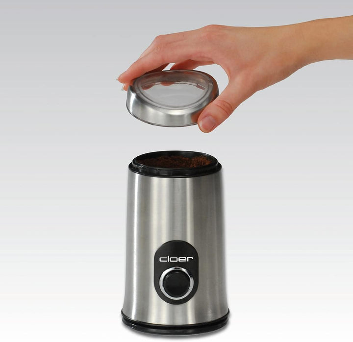 Cloer 7579 Elektrische Kaffeemühle, 150 W, für bis zu 50 g Kaffeebohnen, mattiertes Edelstahlgehäuse