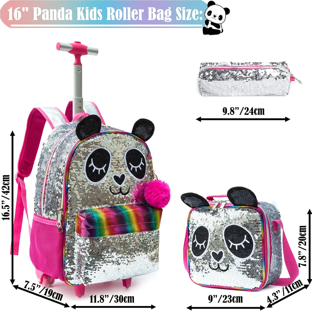 Rucksack Mädchen Schulranzen Trolley Silber Rot Panda Pailletten Trolley Rucksack Schulrucksack Teen