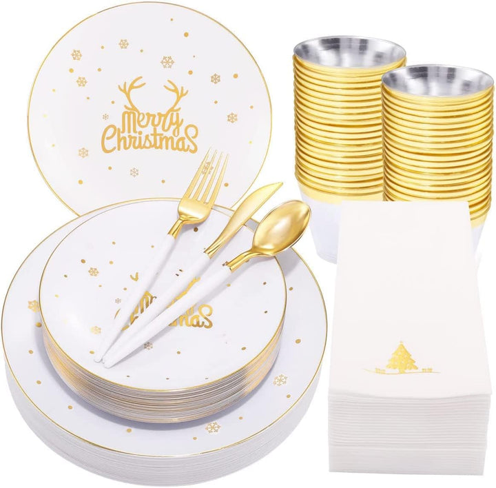 KAHEIGN 175Pcs Mehrweg Weihnachtsgeschirr Set für 25 Personen, Wiederverwendbares Weihnachten Geschi