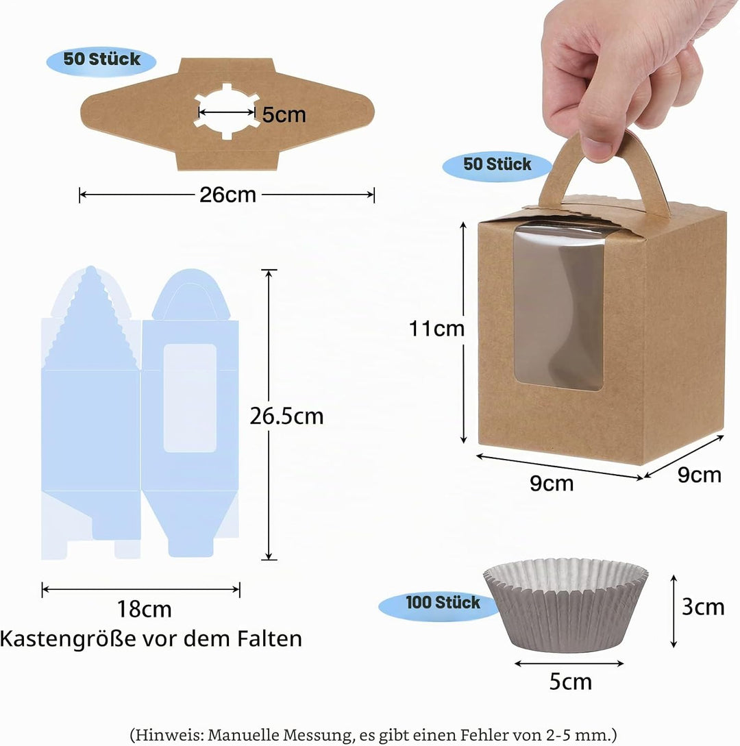 Fippy 50 Stück Cupcake Boxen 1er mit 100 Stück Cupcake Förmchen Papier, Einzelne Cupcake Muffin Boxe