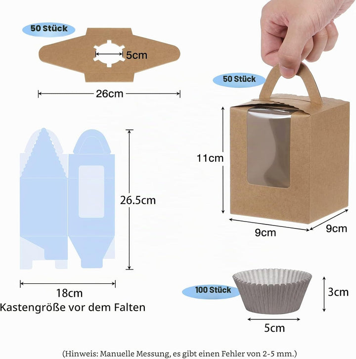 Fippy 50 Stück Cupcake Boxen 1er mit 100 Stück Cupcake Förmchen Papier, Einzelne Cupcake Muffin Boxe