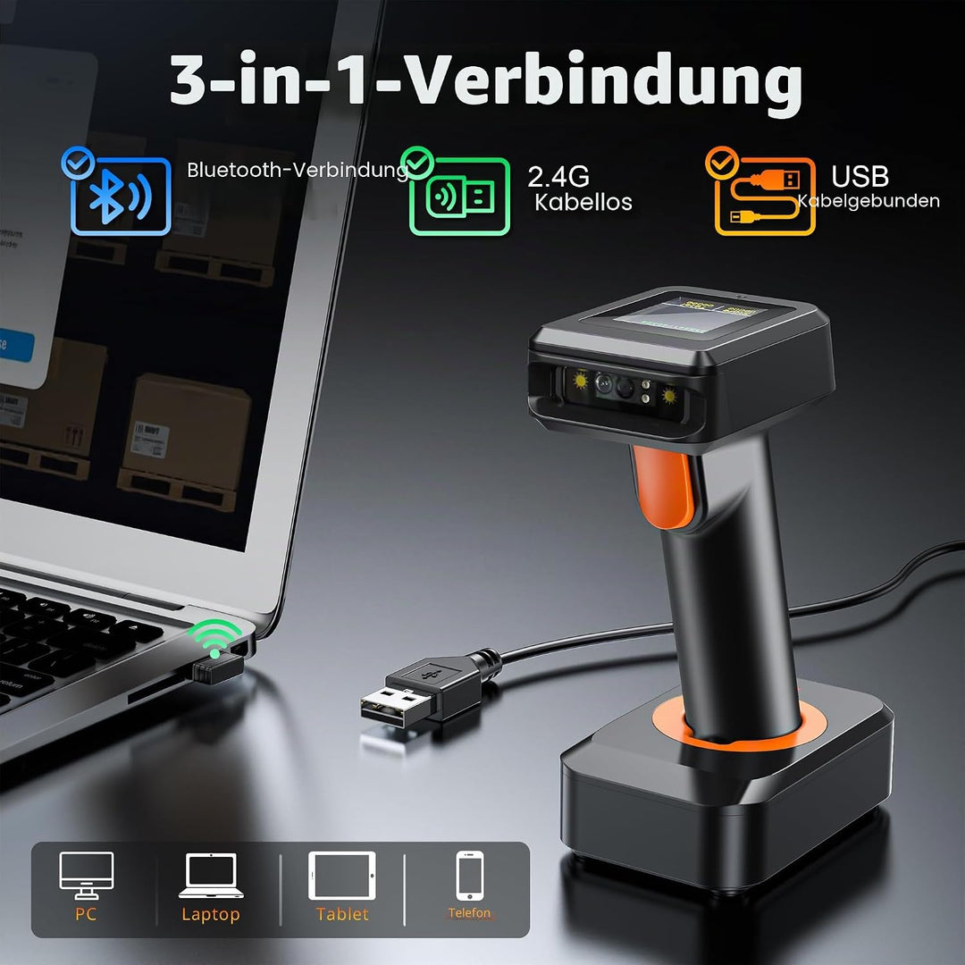 Tera 2D HW006 Barcode-Scanner, kabellos, QR-Code-Scanner mit Bluetooth, Zeitanzeige, Bildschirm, Bat